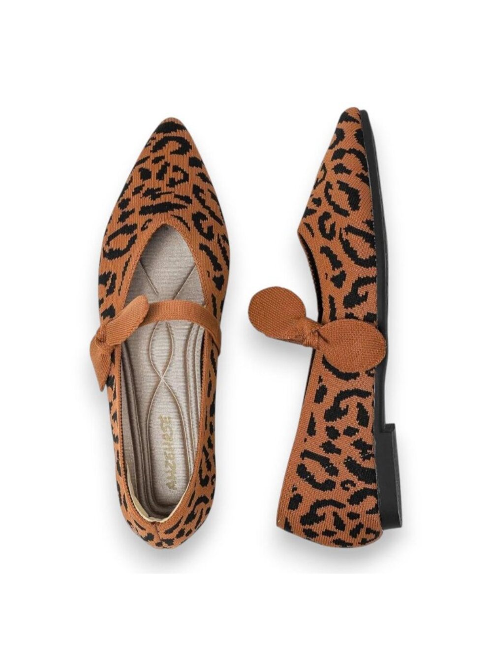 Leopard Knit Pointed Toe Mary Jane Bow Ballet Flats for Women, EU 37 (US 6.5–7)